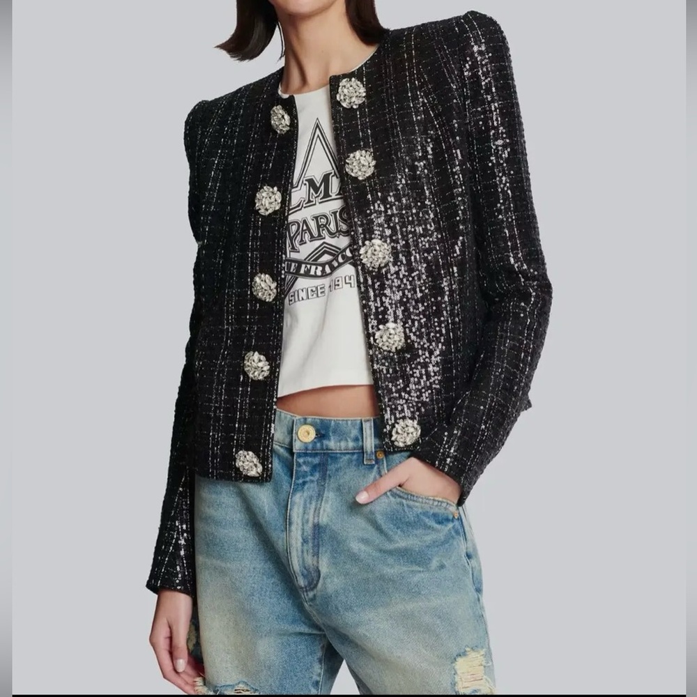 New Productseeker Elegant Black Sequin Jacket with diamond buttons